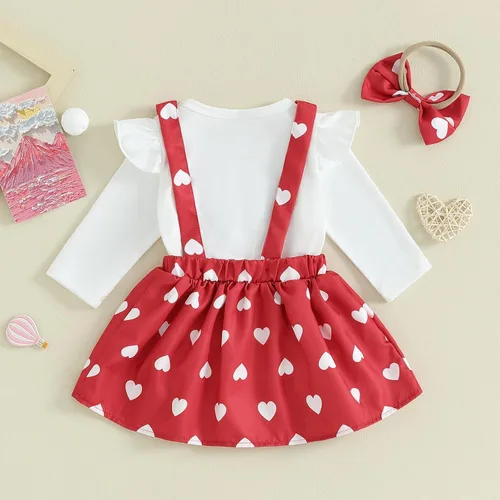 Vista 7 de Conjunto de 2 piezas para el día de San Valentín para bebé niña, mameluco de manga larga con tirantes de encaje y corazón, 2 piezas para otoño e