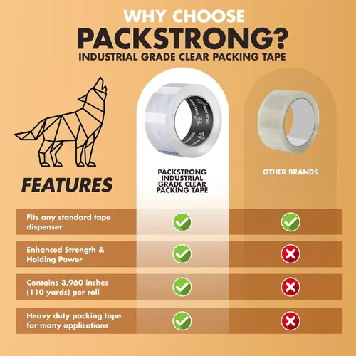 Vista 4 de Packstrong - Cinta de embalaje transparente de grado industrial 12 rollos - 110 yardas por rollo - 2" de ancho x 2 mil de grosor, cinta adhesiva