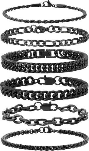 Vista 11 de XIANNVXI Juego de 6 pulseras de acero inoxidable para hombre y mujer, color plateado/dorado/negro, pulseras de eslabones cubanos, estilo soga