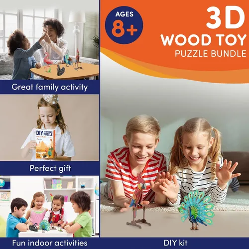 Vista 7 de Rompecabezas de madera 3D 4 coloridos pájaros de juguete para niños, kits de construcción de modelos, rompecabezas de cerebro, kits educativos STEM