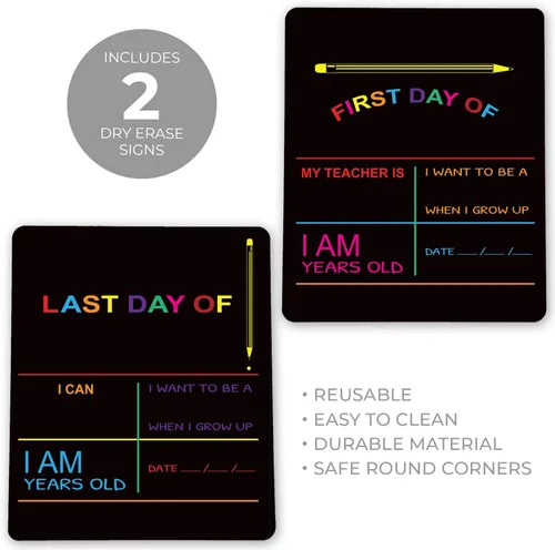 Vista 2 de Letrero reutilizable de pizarra con texto en inglés "My First Day y Last of School". Pizarra de fotos para niños, color negro con impresión