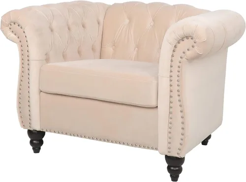 Vista 8 de LEVNARY Sillón Chesterfield de Terciopelo, Sillón Individual de Estilo Moderno de Mediados del Siglo con Respaldo de Botones y Decoración con Beige