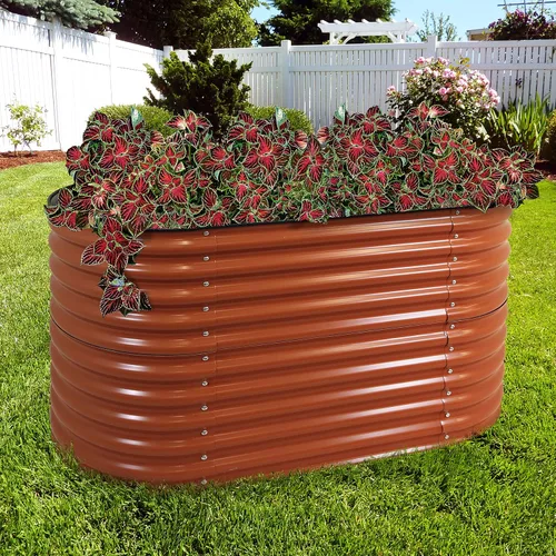 Vista 6 de Sunnydaze Cama de jardín elevada ovalada de 62.5 pulgadas para exteriores, cama de jardín modular elevada con borde de goma, color marrón