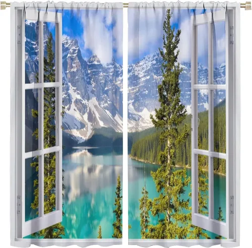 Vista 9 de Cortinas de paisaje, ventana tropical con vista al mar, océano, playa, barco, cortinas con estampado de palmeras para dormitorio, sala de estar, Mar