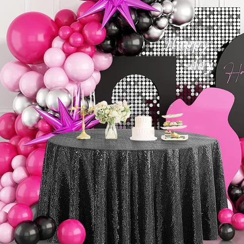 Vista 7 de Pufogu Mantel redondo de lentejuelas negras de 50 pulgadas con purpurina negra para decoración de cumpleaños, boda, despedida de soltera, baby Negro