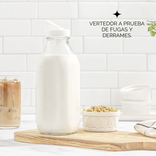 Vista 4 de JoyJolt Botellas de leche de vidrio con tapas y vertedor – 32 onzas, paquete de 3 botellas de vidrio reutilizables, herméticas, sin BPA, de grado