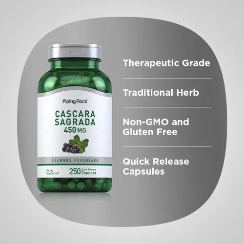 Vista 4 de Piping Rock Cápsulas de Cascara Sagrada 450mg 250 pastillas Suplemento de hierbas Sin OMG, sin gluten