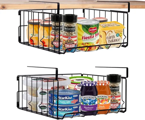 Vista 8 de Cestas de almacenamiento para debajo del estante, cesta plegable de acero al carbono debajo del gabinete para armarios de cocina, despensas, paquete