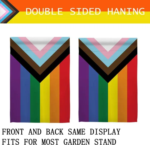 Vista 2 de Progress Pride - Banderas de jardín arcoíris – Bandera pequeña de progreso inclusivo de 12.5 x 18 pulgadas para lesbianas y transgénero LGBTQ