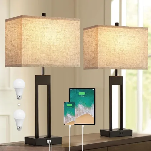 Vista 9 de GyroVu Juego de 2 lámparas de mesa modernas para dormitorio de 25.5'' con puertos USB C+A, cambio de color, lámparas de noche color marrón