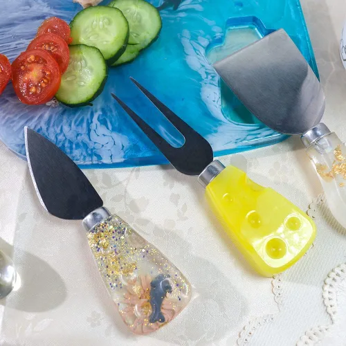 Vista 3 de Moldes de resina de vajilla, bandeja de mango cuadrado, molde de resina de silicona, forma de queso, cuchillo de empuñadura, tenedor, mango, moldes