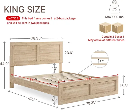 Vista 2 de KISLOT Marco de cama de madera con cabecero y estribo, natural, tamaño King