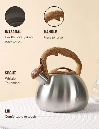 Vista 4 de BELANKO Hervidor de té de 2.7 cuartos de galón para estufas, tetera de acero inoxidable de grado alimenticio con silbato fuerte, mango de madera