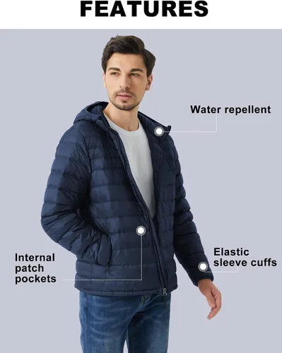 Vista 4 de ANOTHER CHOICE Chaqueta acolchada de plumón para hombre, ligera, con capucha, plegable, cálida, para invierno