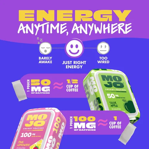 Vista 4 de MOJO Energy - Bolsas de cafeína de 100 mg, paquete variado, 15 bolsas, paquete de 4