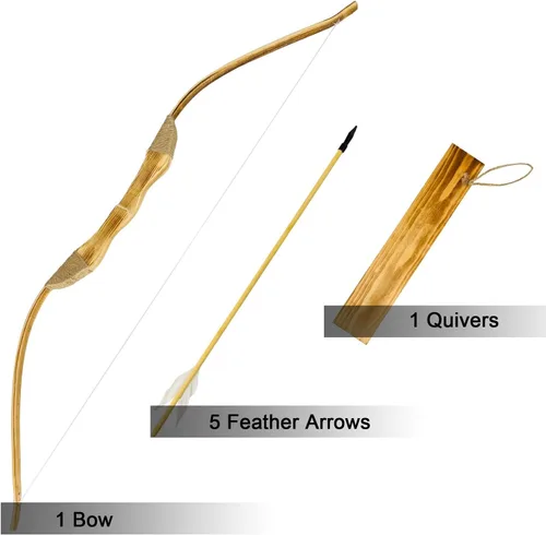 Vista 3 de Basbon Juego de arco y flecha de madera, arco de madera de 40 pulgadas hecho a mano y flecha para cosplay, juego de arco, 1 arco, 1 carcaj y 5