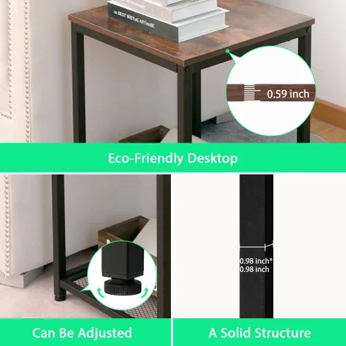 Vista 6 de Mesa auxiliar industrial de 2 niveles con estante de almacenamiento, resistente, fácil montaje, muebles decorativos con aspecto de madera con marco