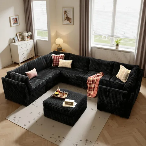 Vista 15 de Ovios - Sofá modular con diván en forma de U y otomanas, cómodo y mullido, tapizado en pana estilo nube, moderno, asiento profundo, juego de sofás