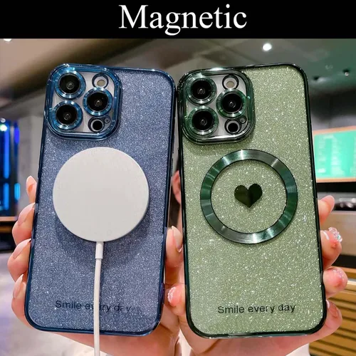 Vista 4 de Funda para iPhone 14 Pro Max con purpurina magnética compatible con MagSafe, funda transparente con corazón de amor, protección de cámara, chapado