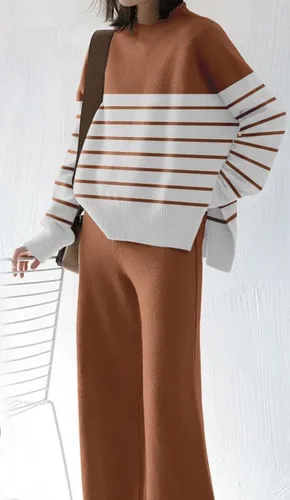 Vista 3 de ETCYY NEW Conjunto de sudadera de punto para mujer de 2 piezas con suéter y pantalón de pierna ancha