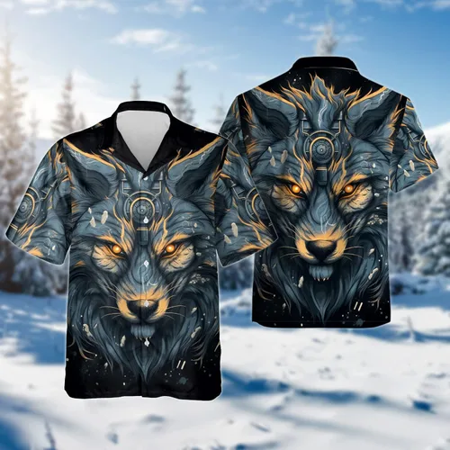 Vista 2 de Camisa hawaiana de lobo para hombre, camisa de aullido para hombre, camisa de manga corta con botones (MP_HW_32)
