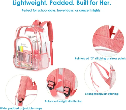 Vista 4 de Mochila transparente resistente transparente transparente PVC Plstic Clear Bookbags, Rosa, Mochila Daypack