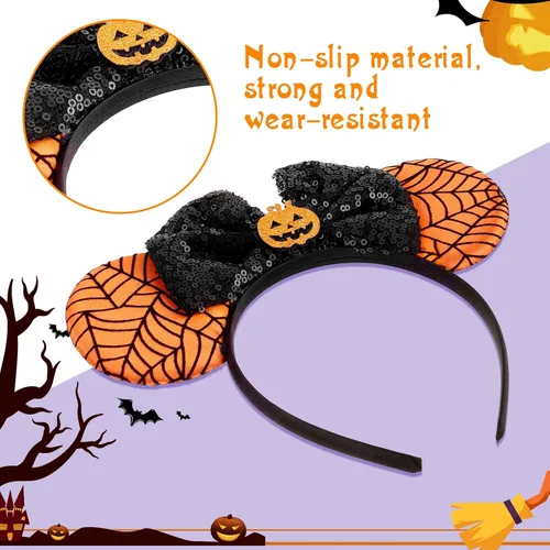 Vista 4 de TIESOME Diadema de orejas de ratón de calabaza de Halloween con lazo de lentejuelas, diadema espeluznante de calabaza, decoración de fiesta