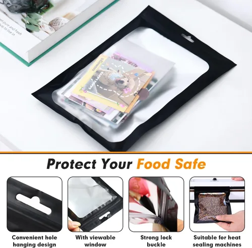 Vista 4 de 400 bolsas de Mylar resellables de 4 x 5 pulgadas, color negro, para almacenamiento de alimentos, bolsa resellable de Mylar con ventana transparente
