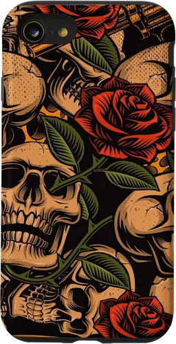 Vista 18 de Funda con diseño de tatuajes de flash tradicional para iPhone 17 con diseño retro rojo de rosas de calavera