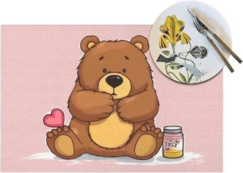 Vista 5 de 6 PCS PVC Placemats Set Place Mats Bear Holding Bottle of Honey Non-Slip Weave Place Mats 12" x 18" Farmhouse Table Mat Set for Family Dinners