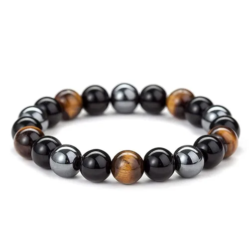 Vista 24 de DHQH Triple Protection Bracelet 8/10MM Hematite Black Agate Tigers Eye Stone Bracelet Crystal Jewelry Healing Bead Bracelets for Men Bring Luck