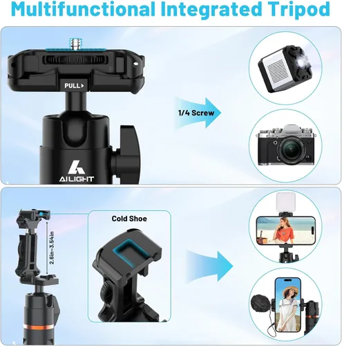 Vista 12 de Ailight Trípode de viaje extensible de 60 pulgadas y palo selfie con zapata fría y control remoto inalámbrico, cabeza de bola de 360° para vlogging