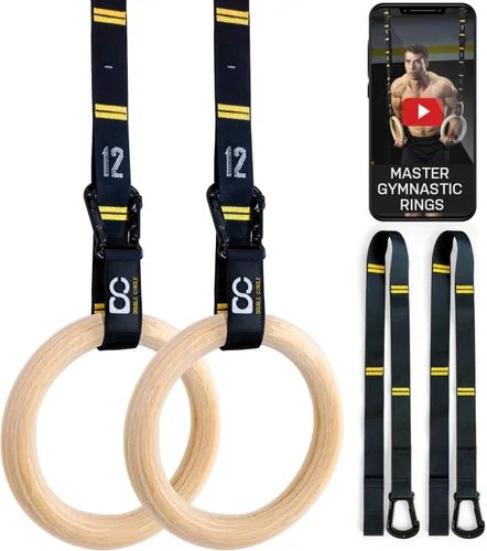 Vista 7 de Anillos de gimnasia de madera Double Circle con correas numeradas de ajuste rápido y guía de videos de ejercicios - Anillos de entrenamiento