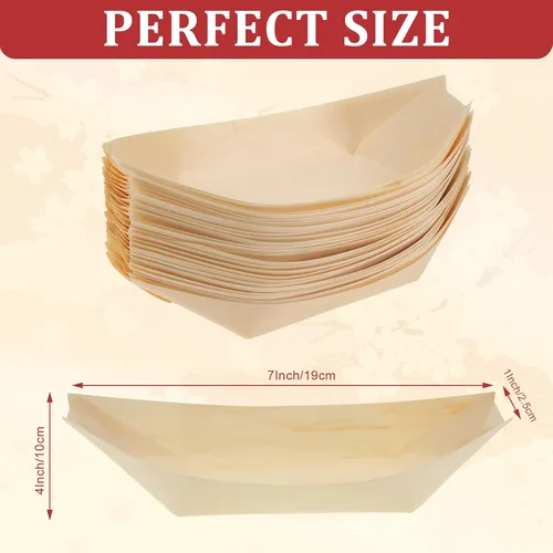 Vista 2 de Sliner 300 platos desechables de madera para barcos, platos de comida, barcos de madera, platos de sushi desechables a granel para catering y uso