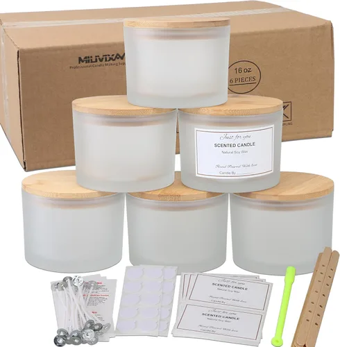 Vista 6 de MILIVIXAY Paquete de 6 tarros de vela de 16 onzas con tapas de bambú y kits de fabricación de velas, tarros de vela de 3 mechas, tarros de vidrio