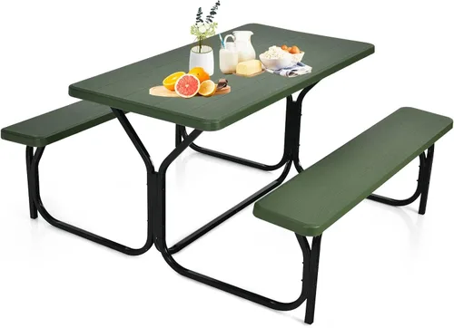 Vista 13 de ORALNER Mesa de picnic, mesa de comedor de resina y 2 bancos, mesa de grano de madera resistente a la intemperie y marco de acero, mesas de picnic