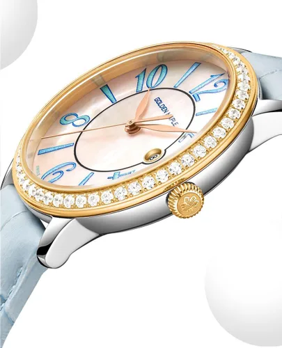 Vista 5 de GOLDEN MAPLE Delicados relojes para mujer, esfera de nácar y movimiento de cuarzo suizo con correa de cuero, serie Cloud