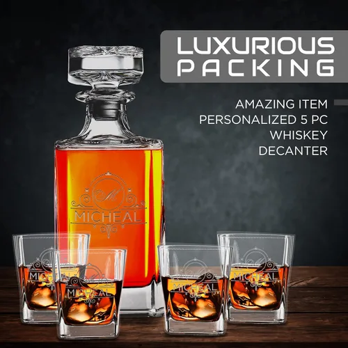 Vista 3 de Juego de decantador de whisky personalizado con 4 vasos, monograma grabado personalizado, nombre inicial, 25.4 fl oz, juego de regalo para hombres