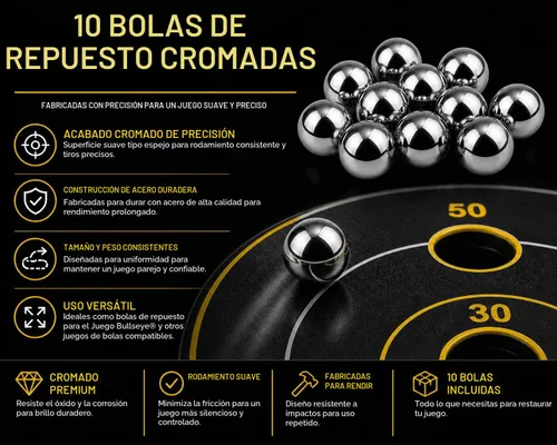 Vista 2 de 10 bolas de acero de repuesto para juego Bullseye - BC Precision