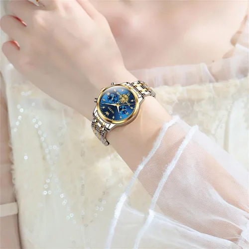 Vista 3 de OLEVS Reloj multifuncional de dos tonos para mujer, reloj analógico de cuarzo para mujer, de acero inoxidable, resistente al agua, con diamantes