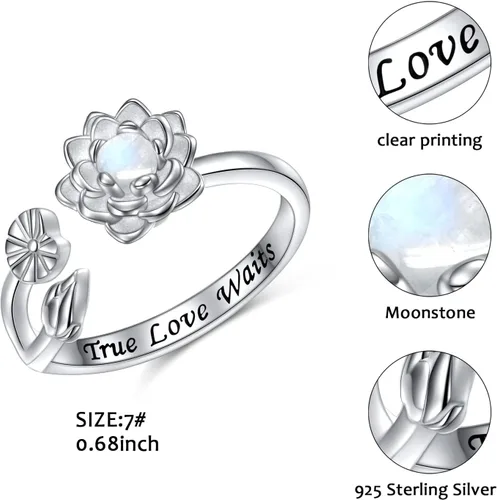 Vista 5 de Moonstone - Juego de joyas de loto de plata de ley, anillo de flor de loto grabado True Love Waits, Natural Healing Buddha Spiritual Yoga Lotus