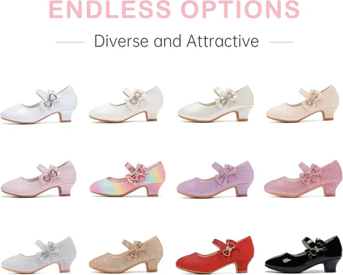Vista 8 de Dufannie Zapatos de vestir para niñas, zapatos de tacón bajo de princesa, zapatos planos con purpurina para bodas y fiestas