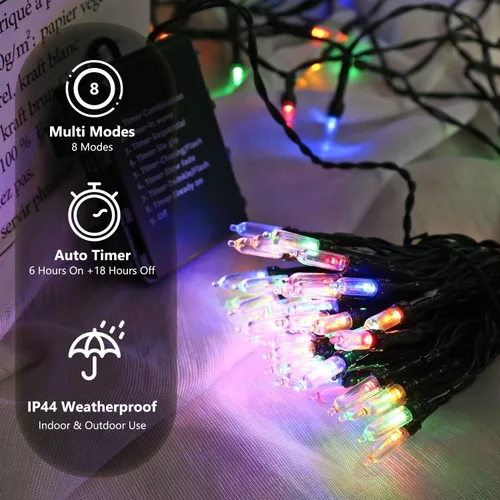 Vista 4 de BrizLabs Luces de Navidad multicolor, paquete de 2 tiras de 50 luces LED de Navidad de 17.94 pies, luz de árbol de Navidad con batería