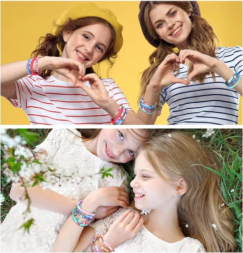 Vista 3 de Jadive 48 piezas de pulseras de Navidad de la amistad a granel, pulseras ajustables coloridas para niños, pulseras elásticas de arcilla, pulseras