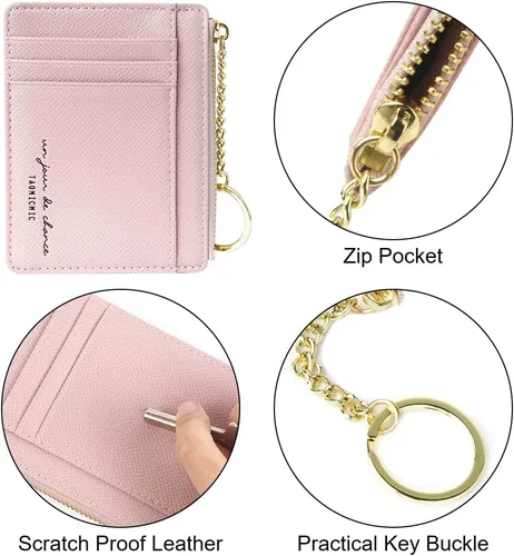 Vista 92 de URAQT Cartera para tarjetas de crédito, cartera minimalista de cuero delgado con cremallera, mini protector de tarjeta de crédito, llavero bolsillo
