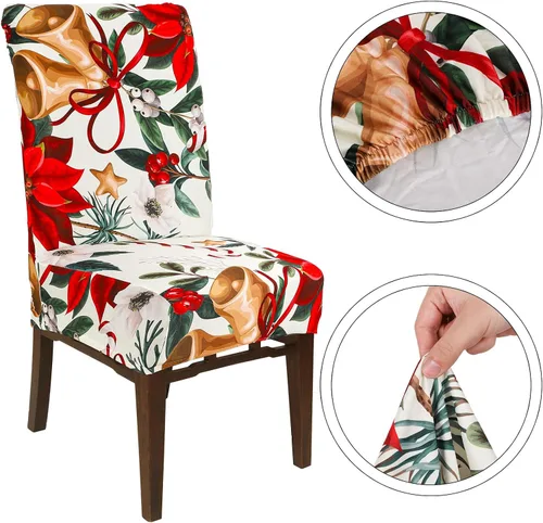 Vista 2 de 4 fundas para sillas de Navidad, diseño de flor de pascua roja vintage, fundas protectoras elásticas extraíbles y elásticas para el hogar, cocina