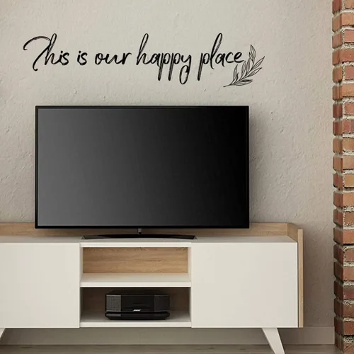 Vista 6 de Calcomanías de pared para sala de estar con texto en inglés "This is Our Happy Place" (This is Our Happy Place), calcomanía de pared con frase