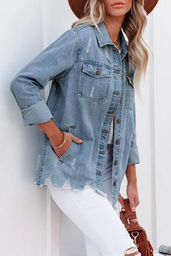 Vista 3 de Angerella Chaqueta de mezclilla para mujer, casual, manga larga, estilo novio, desgastada, con botones
