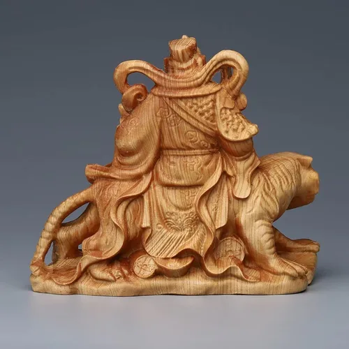Vista 5 de Feng Shui Dios de la riqueza Tsai Shen Yeh sentado en tigre, estatua de tigre tallada en madera maciza, adornos de Zhao Gongming para decoración