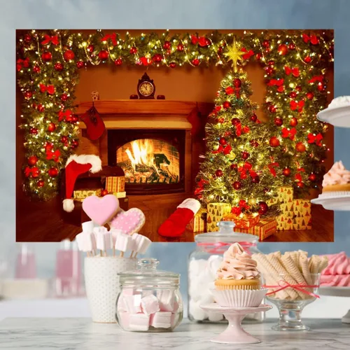 Vista 3 de Lofaris Telón de fondo de Navidad para chimenea, interior vintage, medias de árbol de Navidad, estrellas brillantes, fondo para fotografía, retrato